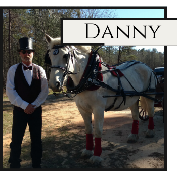 Man in top hat beside a white horse in harness, with “Danny” banner at top.