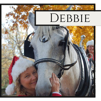 Woman in Santa hat hugging a white horse, with “Debbie” sign above.