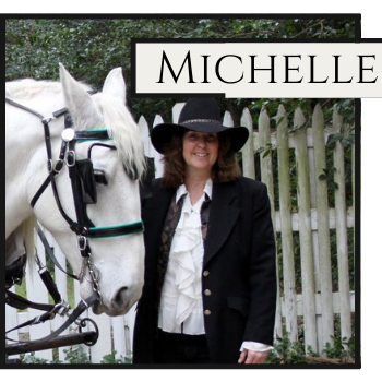 Woman in black hat beside a white horse, with the name “Michelle” above them.
