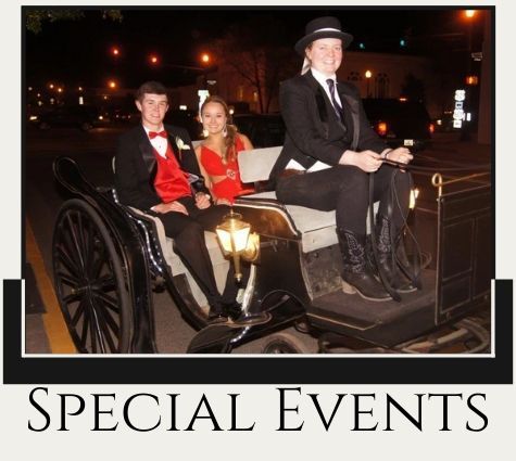 Horse-drawn carriage at night with three passengers and “Special Events” text