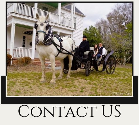 Horse-drawn carriage in front of a house with “Contact Us” text beneath.