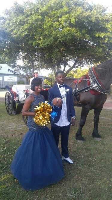 Couple in formal attire posing with a horse and carriage outdoors under a tree.
