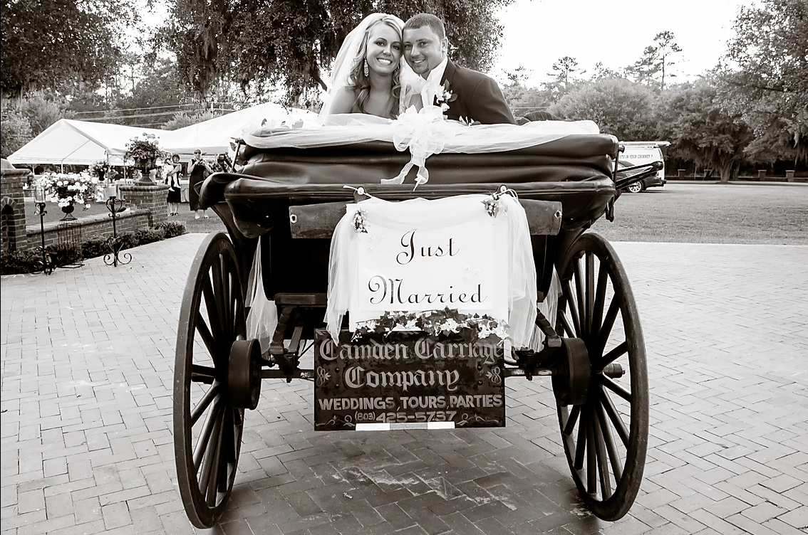 Bride and groom in a horse-drawn carriage on a lakeside path, with a white horse and floral decorations