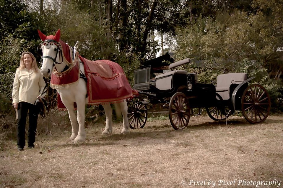 Woman standing beside white horse hitched to a black carriage with red blanket in a wooded clearing.