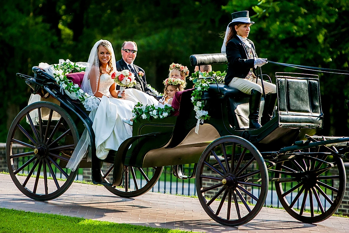 Bride and groom riding in a horse-drawn carriage outdoors, decorated with flowers