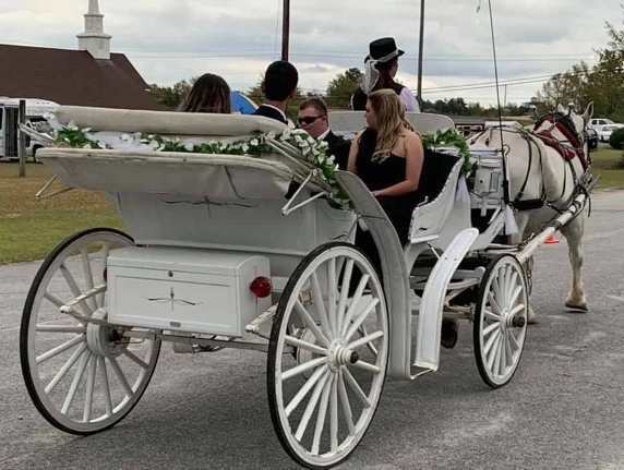 White horse-drawn carriage with passengers on a road outdoors