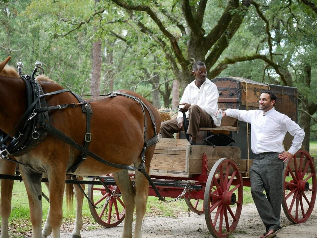 Horse-drawn carriage in a wooded park, with two men in white shirts beside it.