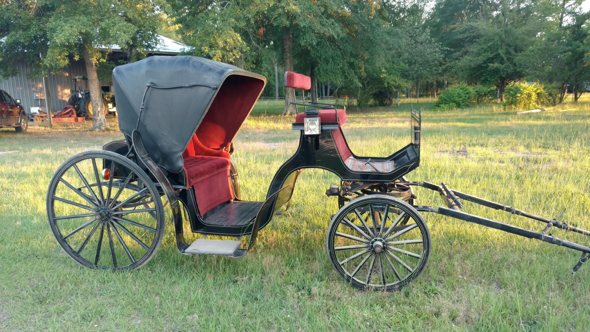 Black horse-drawn carriage with red interior parked on grass in a park
