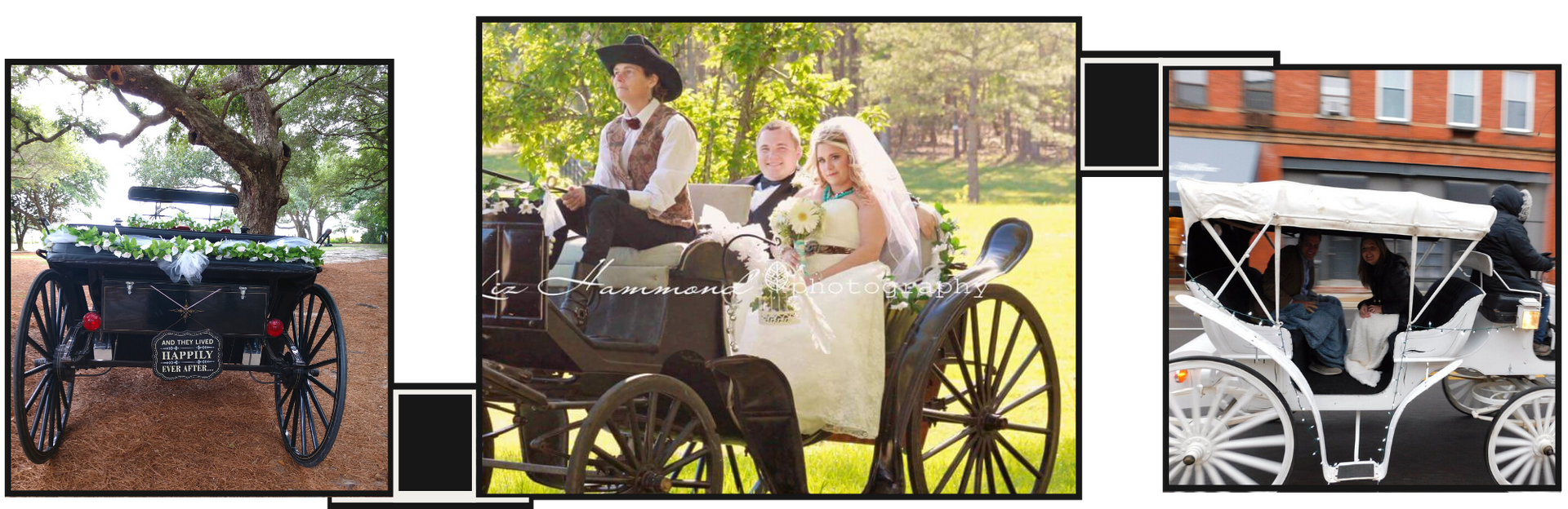 Collage of a black-and-white horse-drawn carriage, including a wedding couple seated in it.