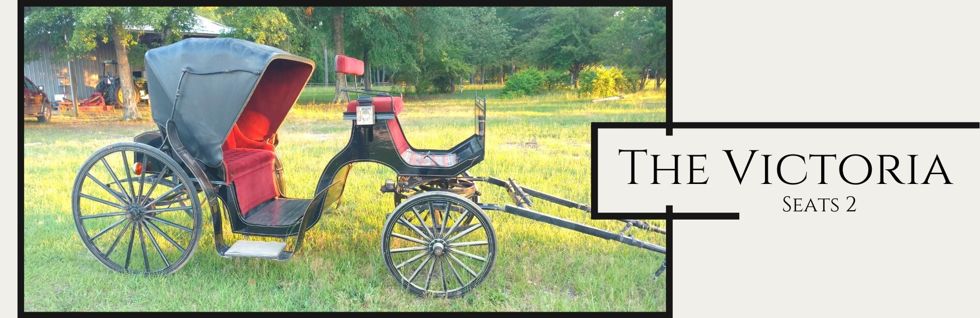 Victorian-style carriage in a park with text “The Victoria” on the right
