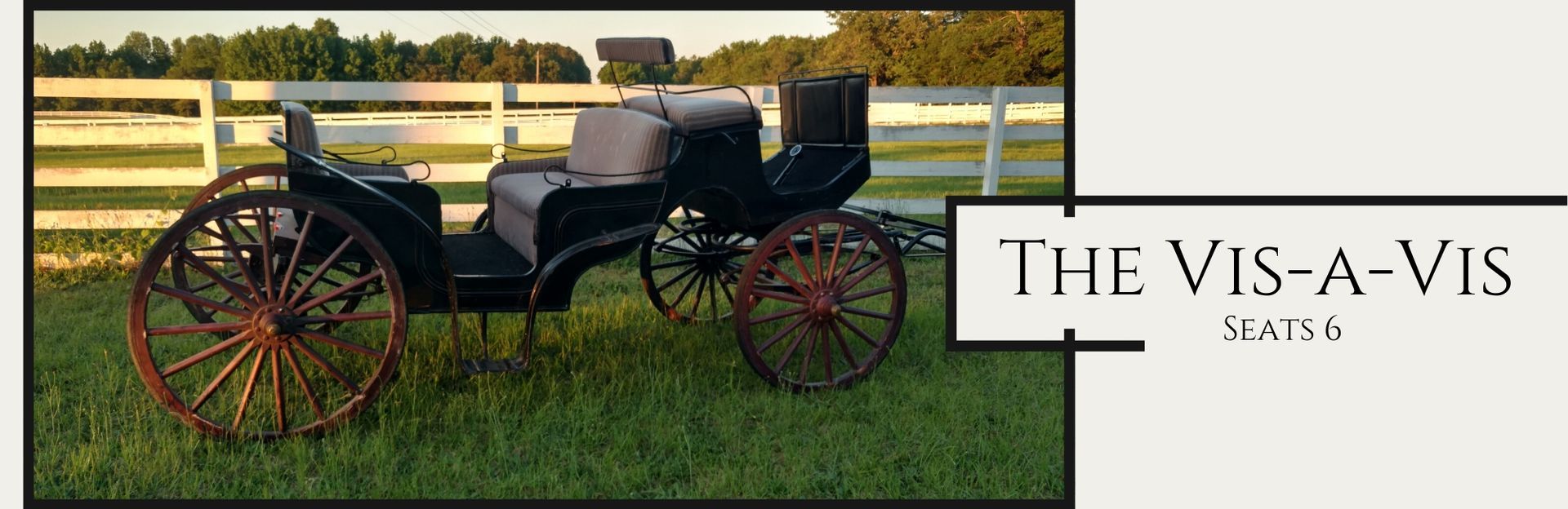 Vintage black horseless carriage parked on grass with “The Vis-A-Vis” text on the right