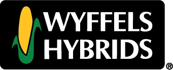 Wyffels Hybrids logo with white text on black background and green-yellow emblem