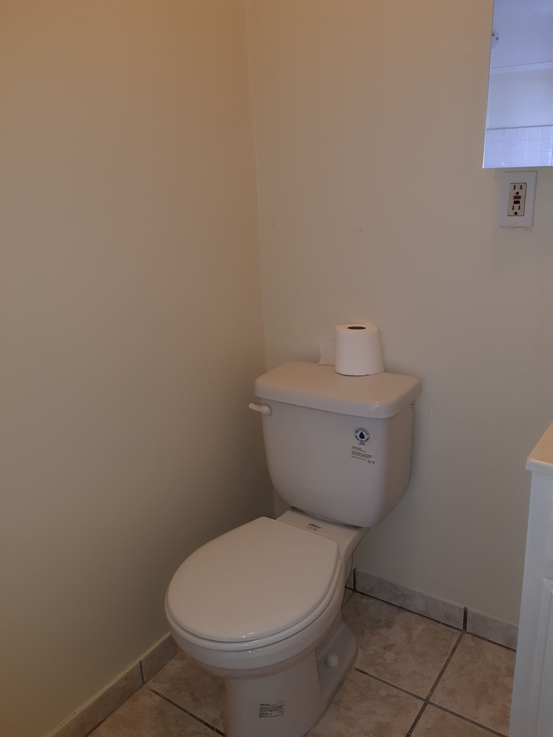 A bathroom with a toilet and a roll of toilet paper