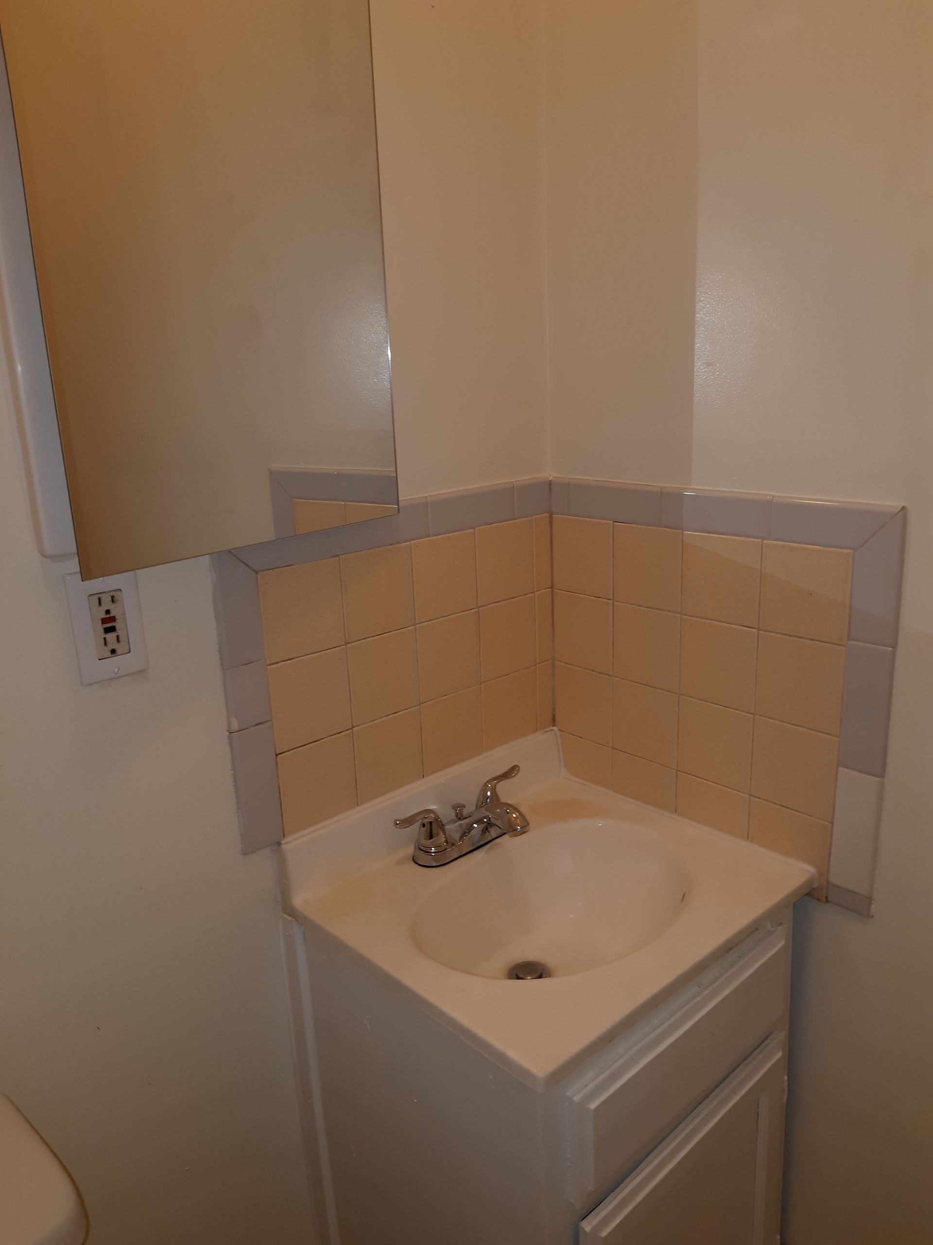 A bathroom with a sink a toilet and a mirror