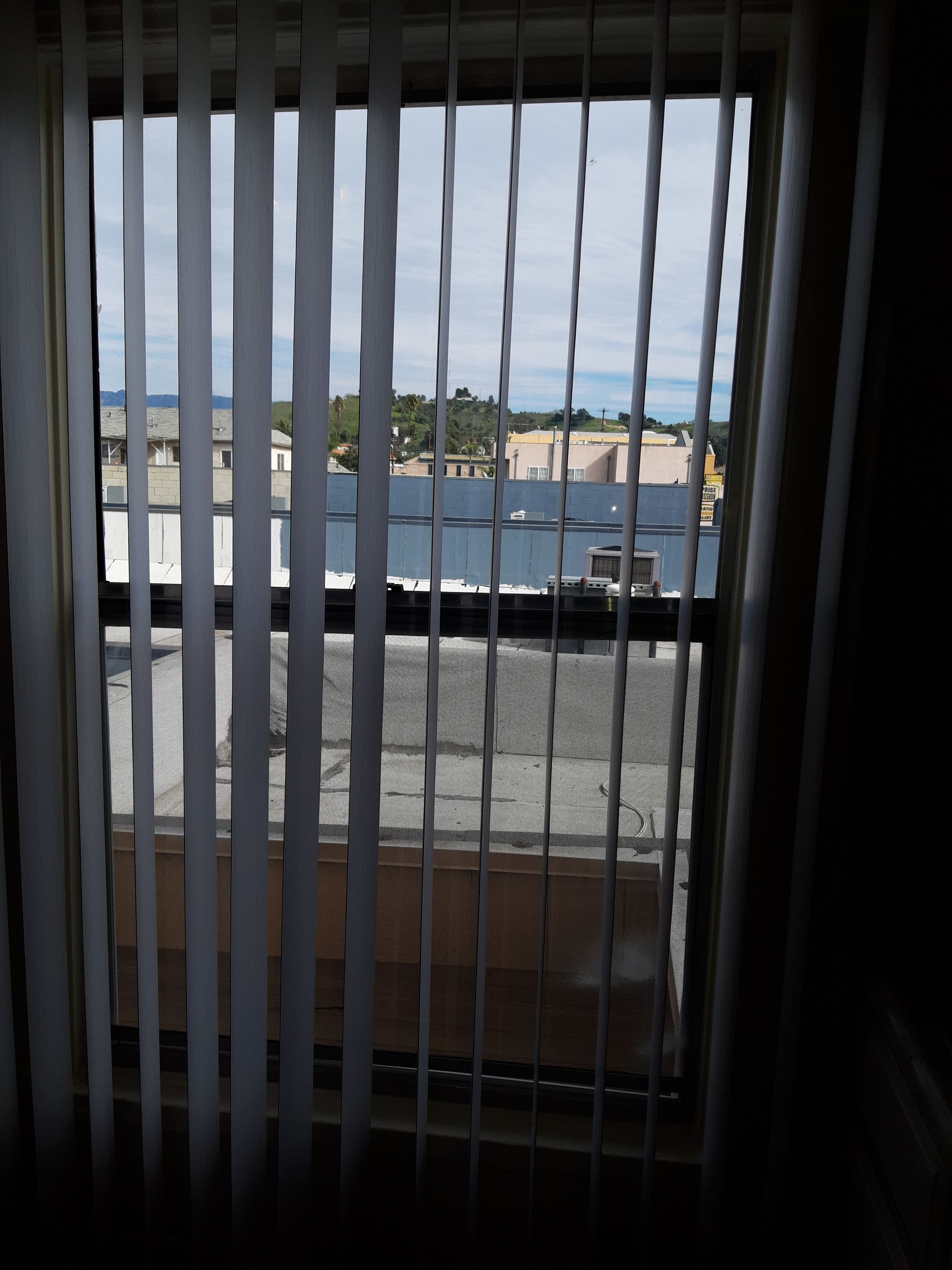 A window with vertical blinds looking out to a body of water