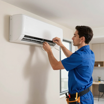 Technician in blue uniform repairing a wall-mounted air conditioner indoors