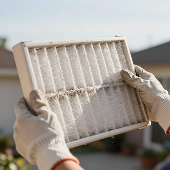 Gloved hands holding a dusty air filter outdoors against a blurred house background