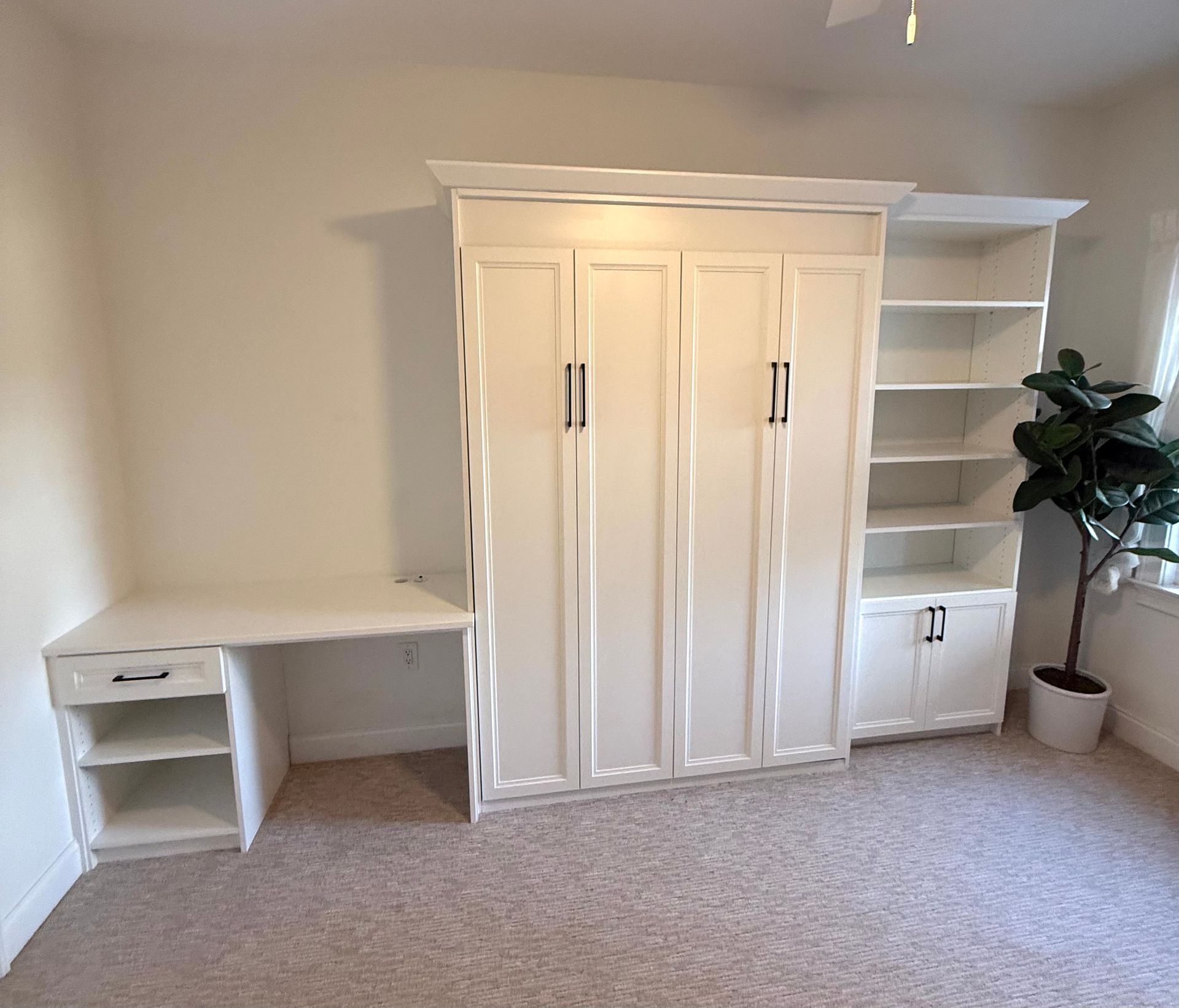 White cabinet bed with desk and bookshelf in a room with a potted plant.