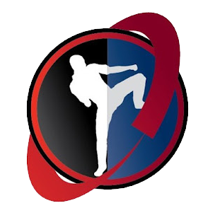 A silhouette of a person performing a high kick inside a circle split between black and blue, accented by a red swoosh.