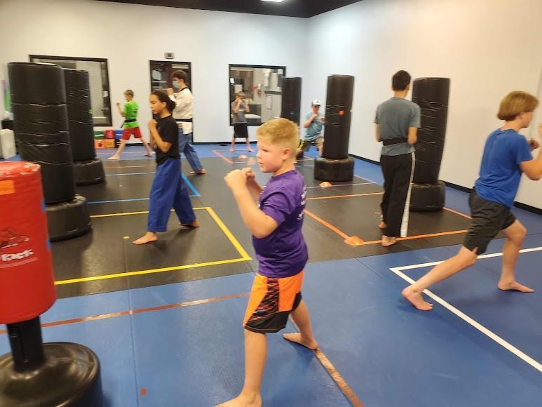 Students in a martial arts class practice fighting stances in front of standing punching bags on a gym mat.
