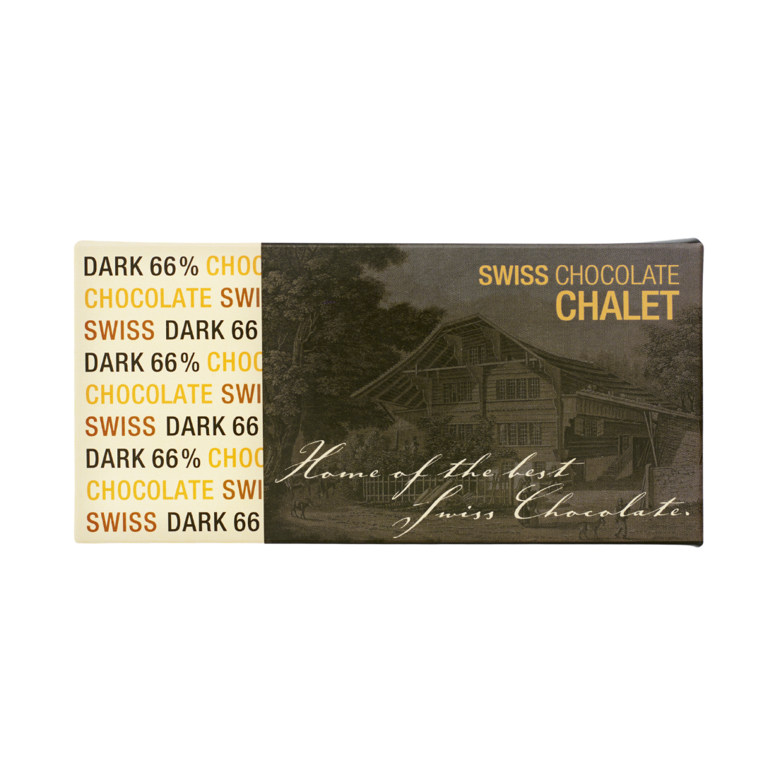 Verpackung einer Schweizer Zartbitterschokolade mit Chalet-Illustration und goldener Schrift
