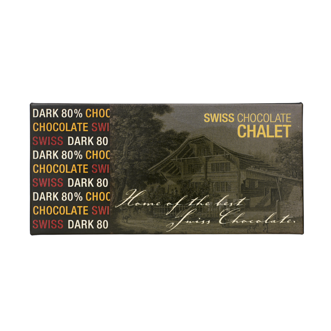 Schokoladenverpackung mit der Aufschrift „Swiss Chocolate Chalet“ und dem Hinweis „80 % Kakaoanteil“ sowie einer Chalet-Illustration.