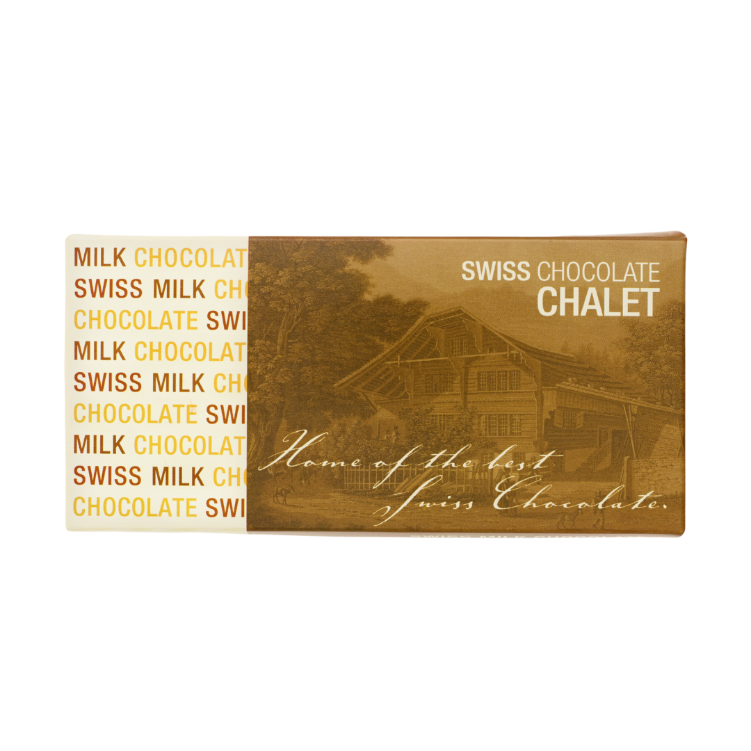 Verpackung einer Schweizer Milchschokolade im Chalet-Stil in Gold und Weiss mit Chalet-Illustration