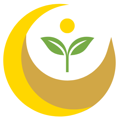Yellow crescent moon with gold interior, green leaves and a yellow sun.