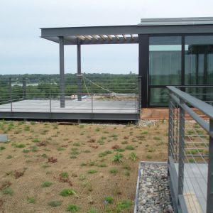Modern building with a green roof, metal railings, and a covered patio overlooking a landscape.