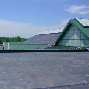 View of multiple building roof sections: flat black, green gabled, gray. Blue sky background.