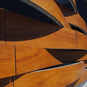 Wooden, curved exterior architectural panels in shades of brown with shadowed crevices.