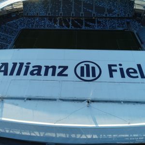 Allianz Field stadium, white roof with the stadium's name in blue text.