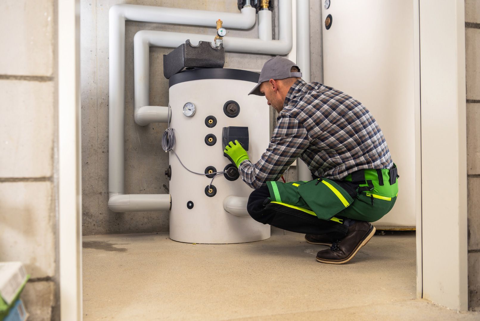 A man is kneeling down in front of a water heater in a basement.