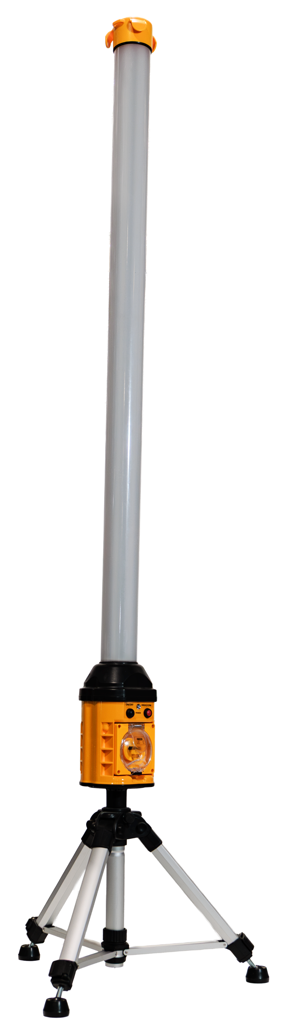A white pole with a yellow top is sitting on a tripod on a white background.
