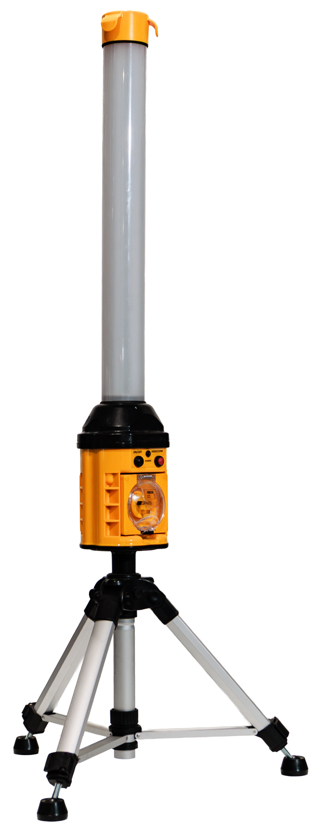 A sprinkler is sitting on top of a tripod on a white surface.