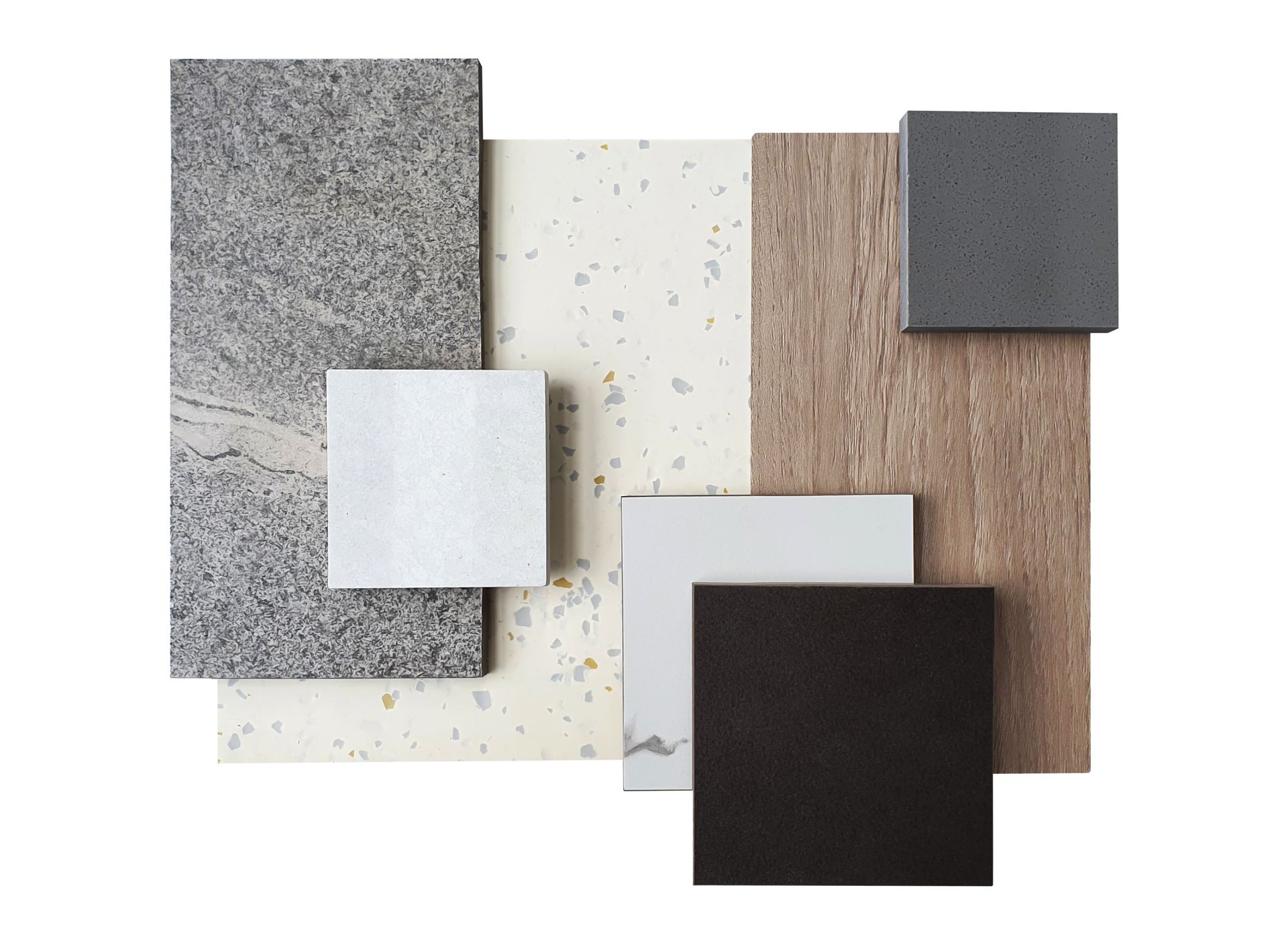 Échantillons de matériaux : granit gris, crème mouchetée, grain de bois et carrés de gris, blanc et noir.