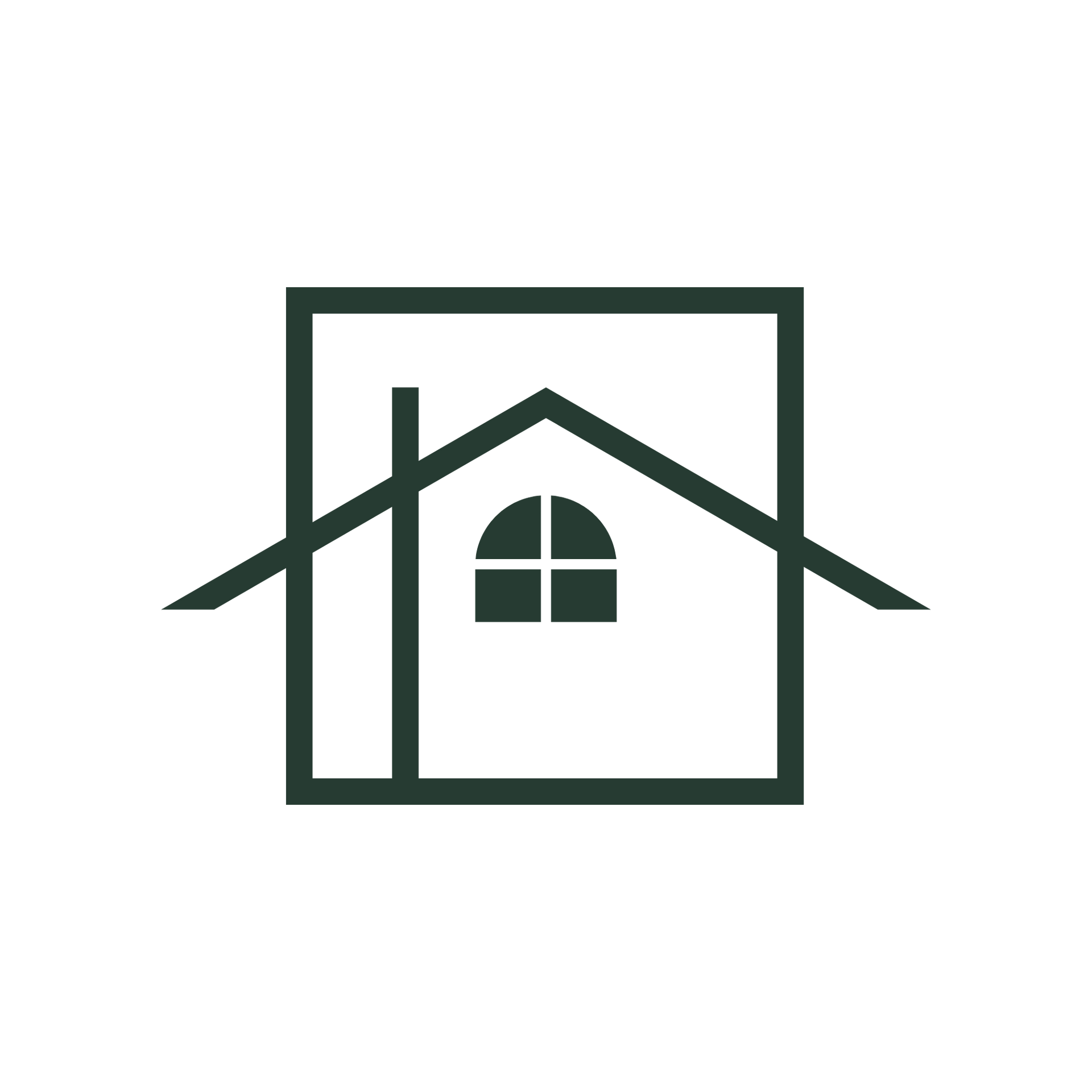 Dark green house icon inside a square frame with a roof and window