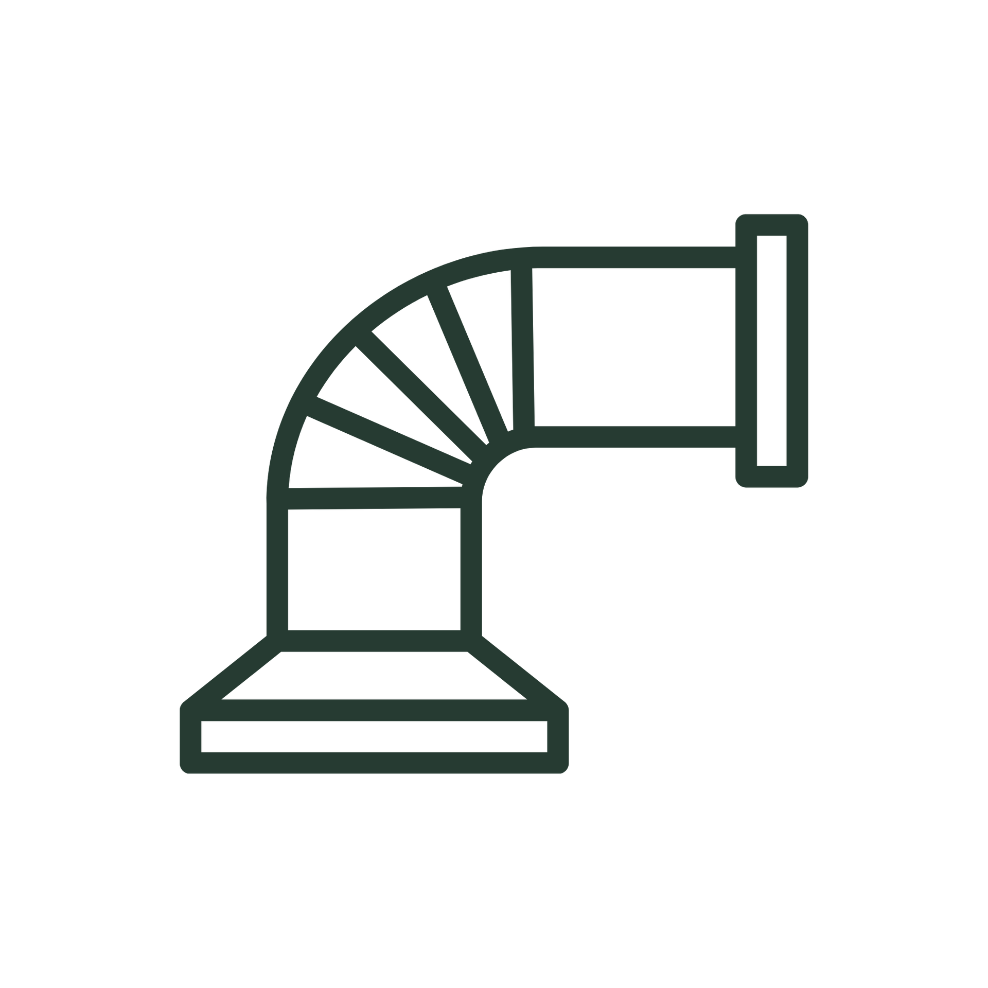 Green outline icon of an elbow pipe or duct with a base flange and vertical vent