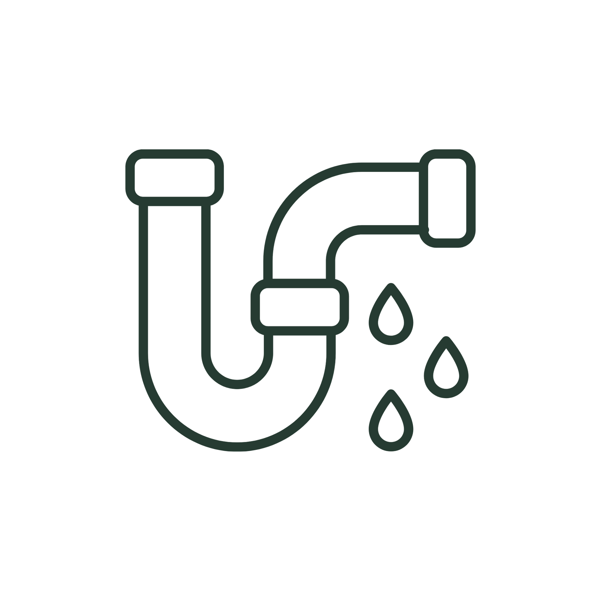 Leaking white drain pipe icon with three water drops on a light background