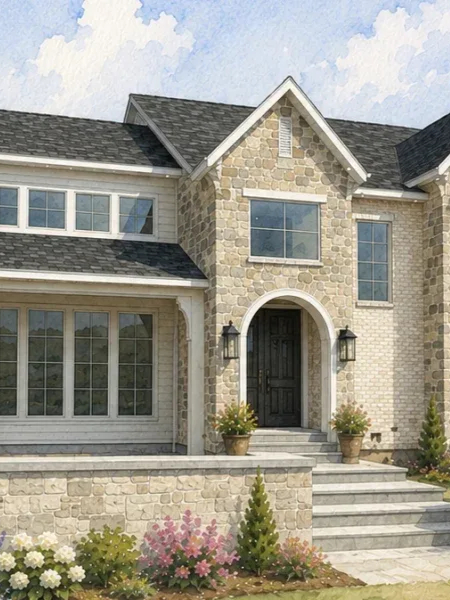 Stone house facade with arched entry, gray roof, front steps, and flower beds in sunlight