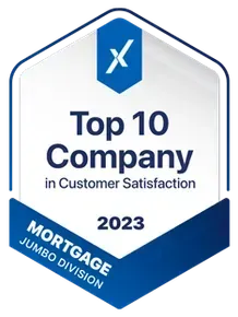 White and blue badge reading “Top 10 Company in Customer Satisfaction 2023” with “Mortgage Jumbo Division” labels