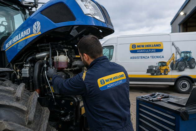 Un meccanico effettua la manutenzione di un trattore New Holland blu, con un furgone di assistenza New Holland sullo sfondo.