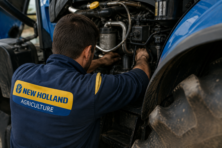 Meccanico con giacca blu New Holland che ripara il motore di un trattore accanto a un grande pneumatico