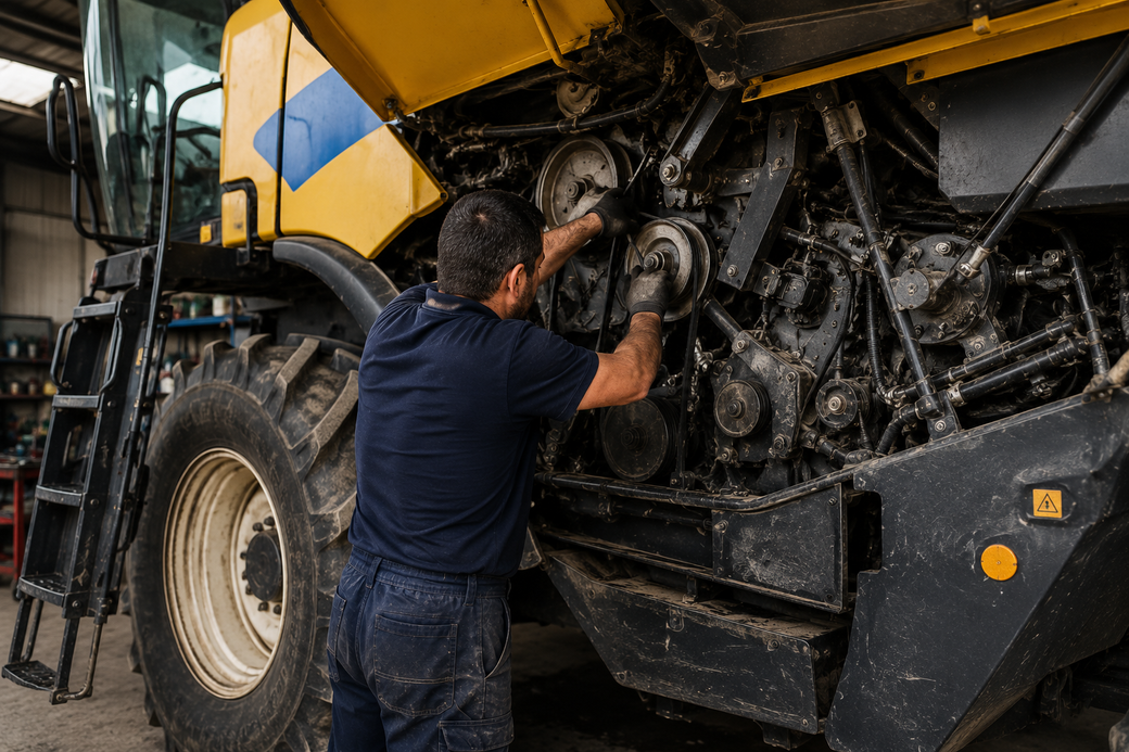 Un meccanico ripara il motore di un camion pesante giallo in un'officina.