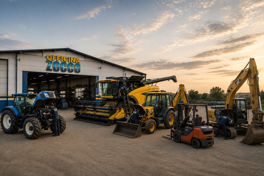 Macchine agricole allineate fuori da una concessionaria di macchinari al tramonto