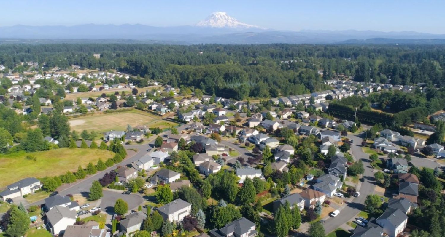 Suburban neighborhood with houses and trees; snow-capped mountain in the distance.
