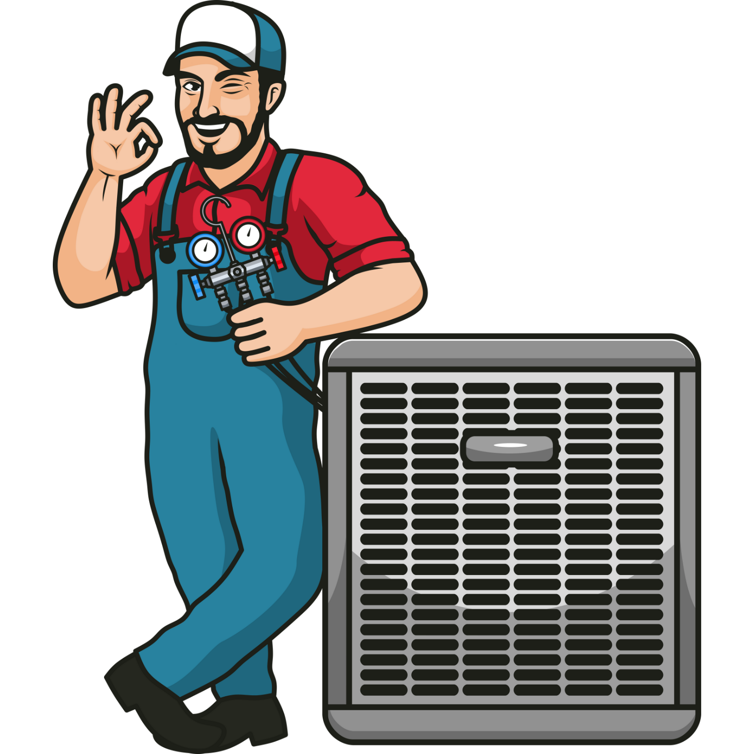 HVAC technician winks, gives okay sign, leaning on an air conditioning unit.
