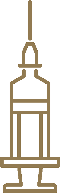 A line drawing of a syringe with a needle sticking out of it.