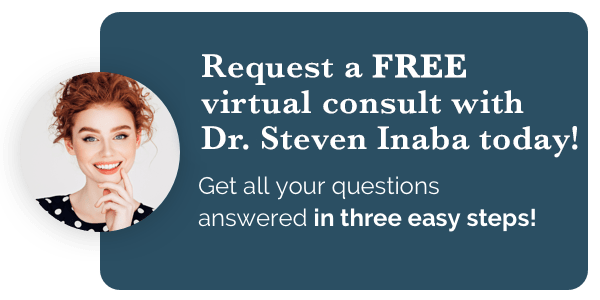 A woman is smiling in a circle with the words request a free virtual consult with dr. steven inaba today.
