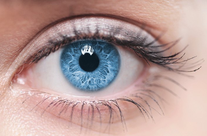 Eine Nahaufnahme des blauen Auges einer Frau mit langen Wimpern.